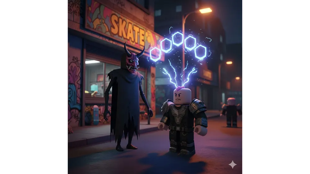 로블록스 데빌 헌터에서 폭력의 마인 NPC와 대화하며 재능 슬롯을 확장하는 모습의 썸네일