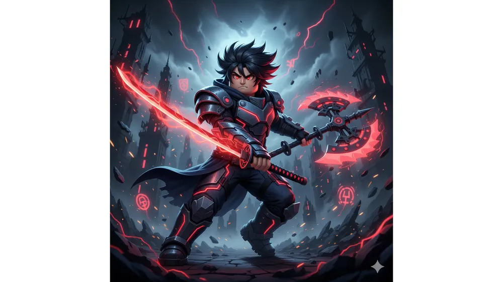 로블록스 데빌 헌터 무기 공략 썸네일, 스칼렛 퀸과 전투 도끼를 든 캐릭터