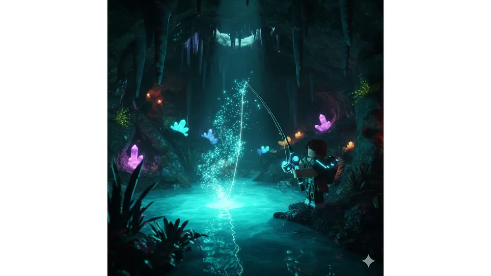 로블록스 피쉬 카우스틱 스타웜을 잡기 위해 데솔레이트 딥 브라인 풀에서 낚시하는 모습