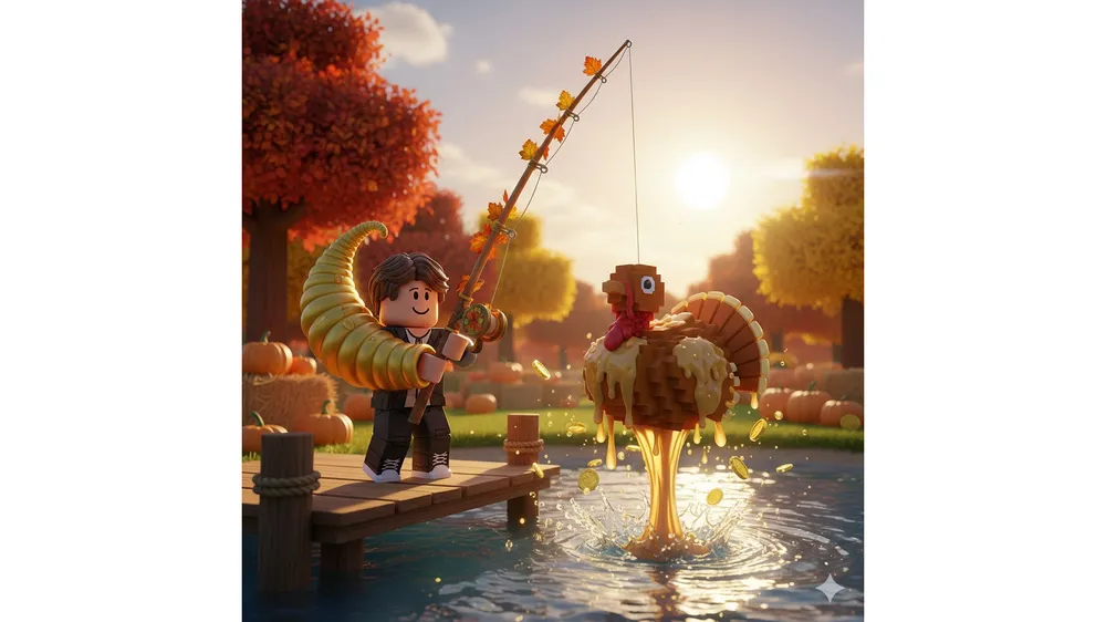 로블록스 피쉬 코르누코피아 낚싯대를 들고 있는 캐릭터와 그레이비 터키