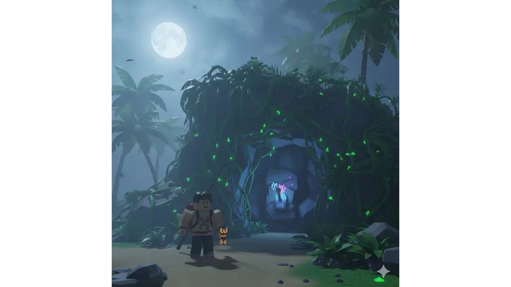 로블록스 피쉬 컬티스트 소굴 입구와 안개 낀 밤 풍경