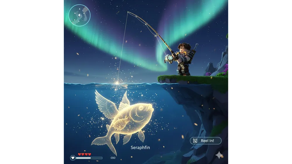 로블록스 피쉬 디바인 시크릿 물고기 세라핀의 실루엣과 낚시하는 캐릭터 모습