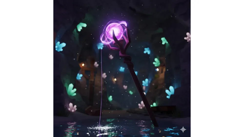 로블록스 피쉬 멀린의 지팡이가 마인샤프트 배경에서 보라색으로 빛나는 모습
