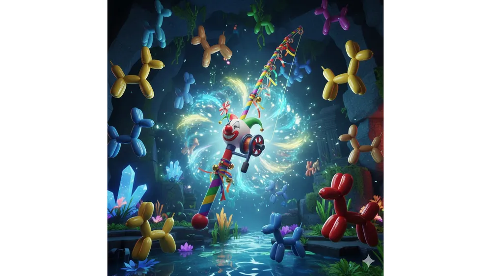 로블록스 피쉬 실리 펀 해피 낚싯대와 풍선 동물들이 있는 모습