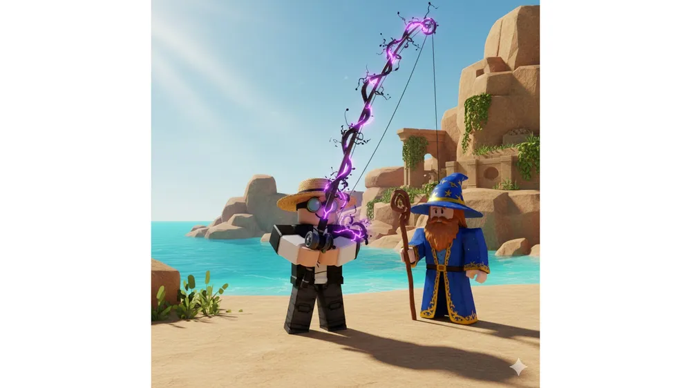 로블록스 피쉬 트위스티드 렐릭을 들고 있는 캐릭터와 멀린의 모습