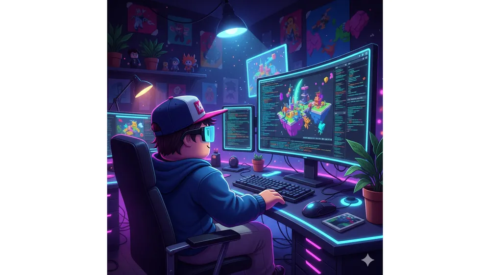 로블록스 스튜디오를 활용해 게임을 개발하고 있는 아바타 캐릭터와 코딩 화면