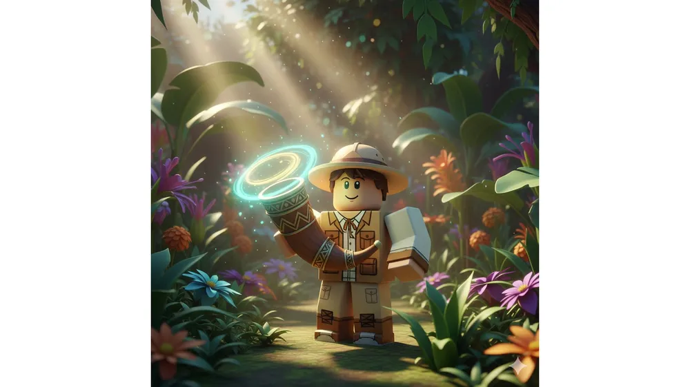 로블록스 그로우 어 가든 앤세스트럴 혼을 들고 있는 캐릭터와 사파리 배경