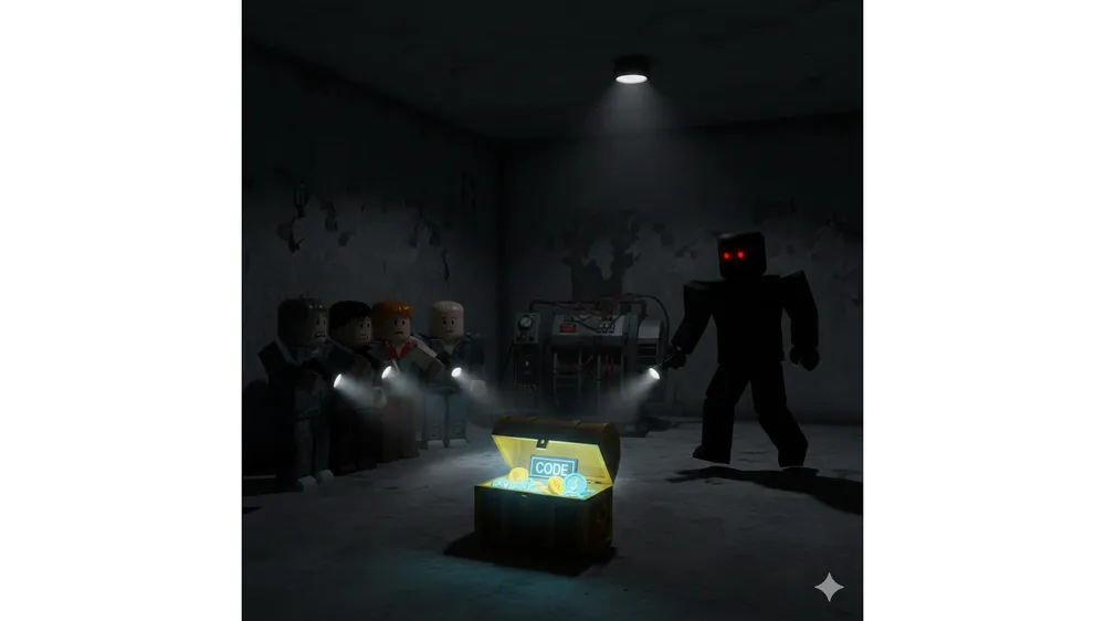 로블록스 원 오브 어스 게임에서 생존자들이 킬러를 피해 숨어있는 긴장감 넘치는 장면에 최신 코드를 암시하는 보물상자가 있는 썸네일 이미지