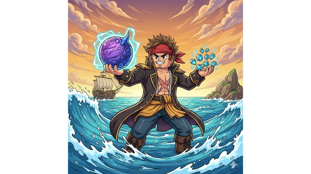 로블록스 로그피스 코드 보상으로 받은 악마의 열매와 젬을 들고 있는 캐릭터