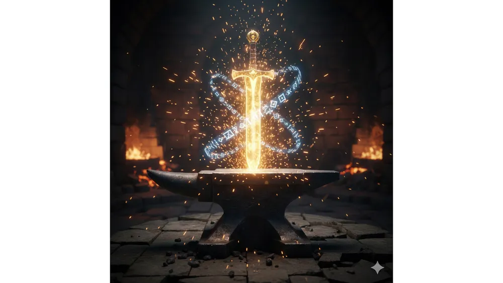 로블록스 더 포지 강화 및 인챈트 작업을 하고 있는 대장간의 모습