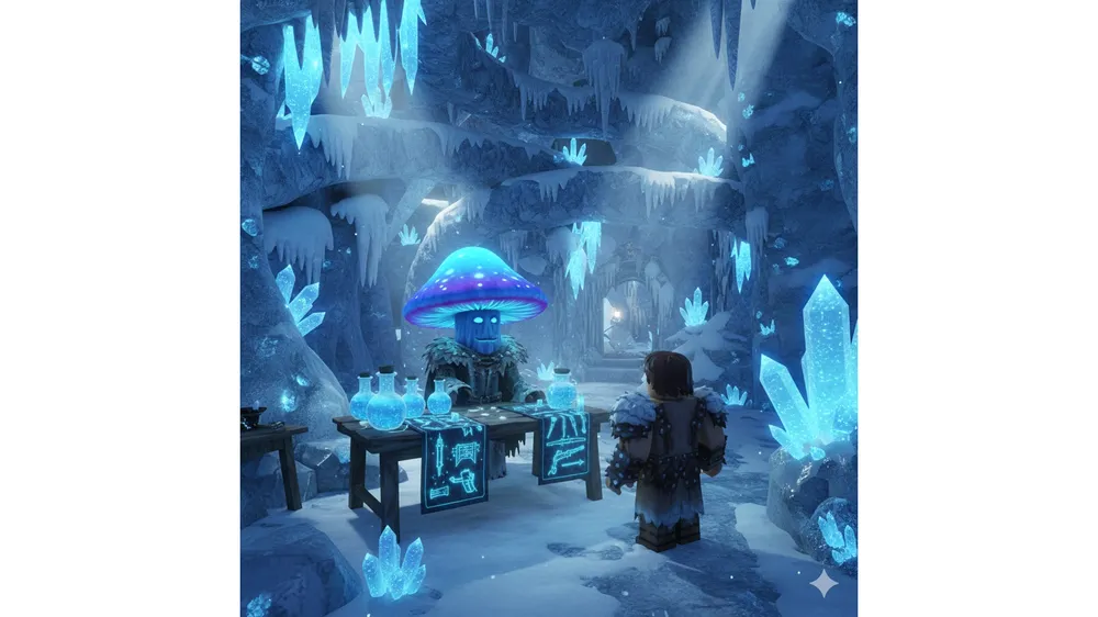 로블록스 더 포지 아이스버그 아일랜드 미로 속에 있는 펀자이 상점과 진열된 아이템 모습