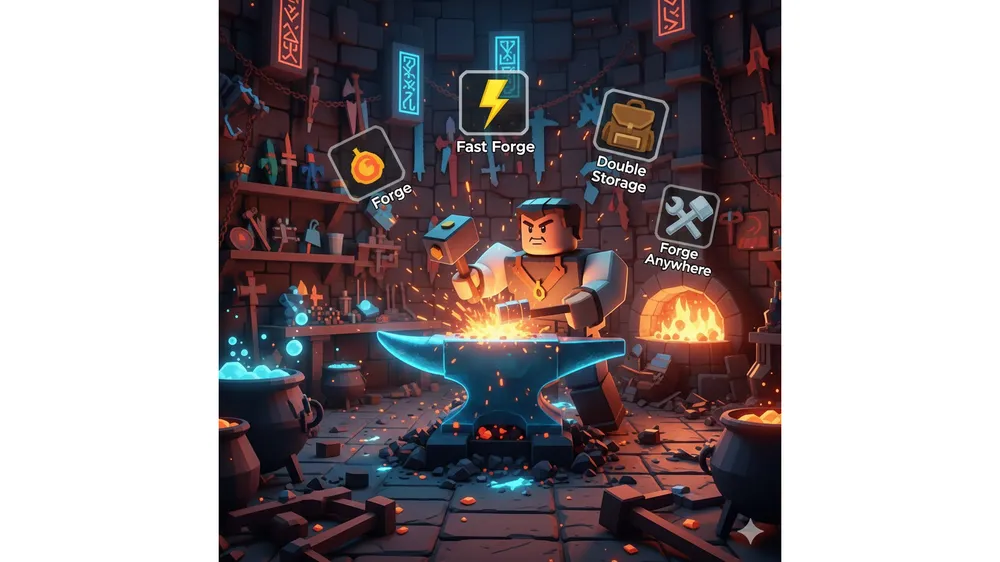 로블록스 더 포지 게임패스 6종 비교 및 대장장이 캐릭터 일러스트