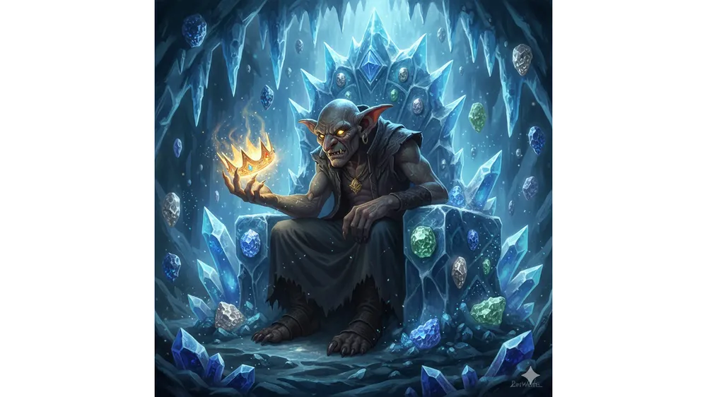 더 포지 고블린 왕관을 들고 있는 고블린 로드와 얼음 동굴 배경