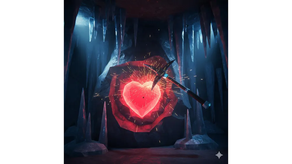 로블록스 더 포지 크림슨 뎁스 동굴에 있는 붉은색 섬의 심장 광석과 곡괭이 채광 모습