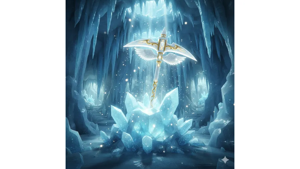 로블록스 더 포지 헤븐리 곡괭이(엔젤라이트)가 얼음 동굴에서 빛나고 있는 모습
