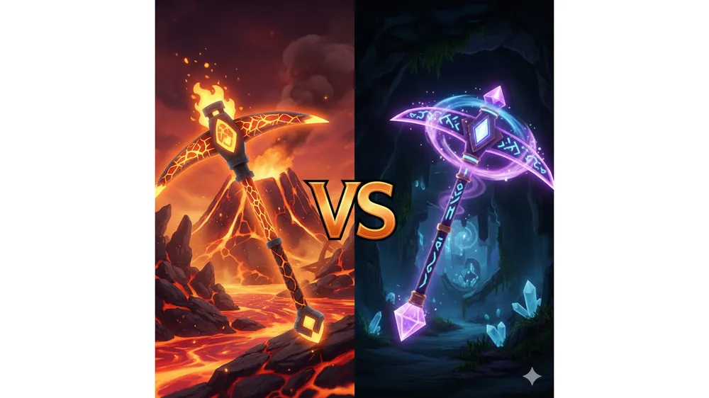 로블록스 더 포지 마그마 곡괭이와 아케인 곡괭이 비교 이미지