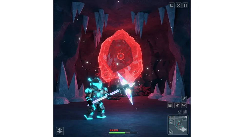 로블록스 더 포지 레이븐 동굴 내부의 붉은색 섬의 심장 바위와 훔친 심장 채광 모습