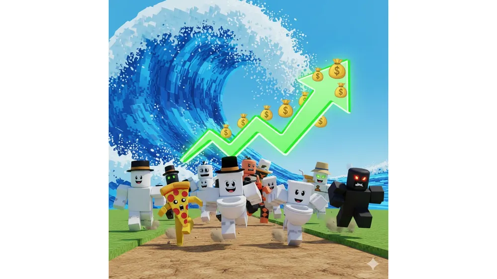 로블록스 쓰나미에서 브레인로트를 탈출하세요 게임 속 환생을 통해 돈 배율이 상승하는 모습을 표현한 썸네일