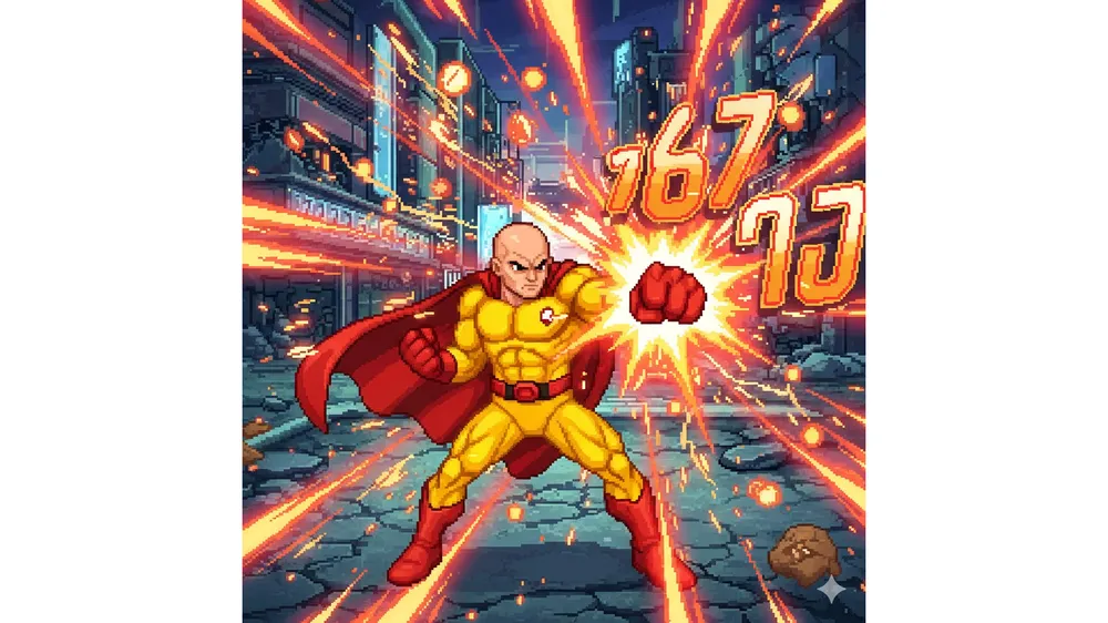 메이플스토리 사이타마 스페셜 월드에서 진심 펀치를 날리는 캐릭터와 폭발적인 이펙트