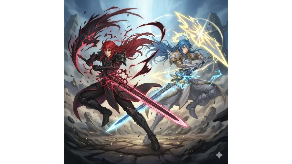 세븐나이츠 리버스 브란즈&브란셀 공략 썸네일, 처형과 권능의 오라를 두른 쌍둥이 캐릭터의 역동적인 모습