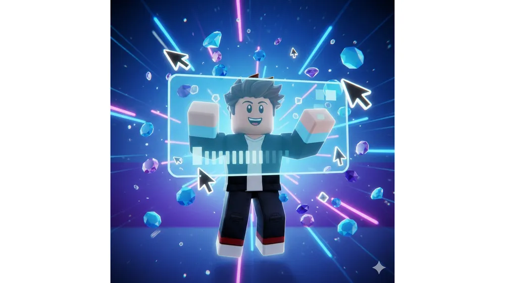 로블록스 탭 시뮬레이터 코드 보상인 다이아몬드와 커서 아이콘이 흩날리는 게임 플레이 이미지
