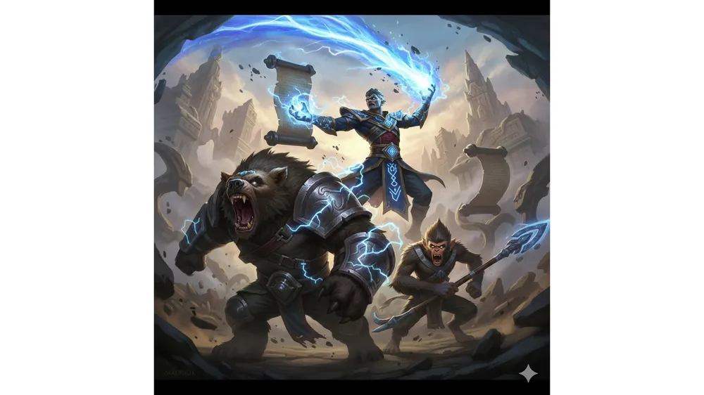 전략적 팀 전투 난동 라이즈 덱의 핵심 챔피언 라이즈와 볼리베어가 전투하는 모습