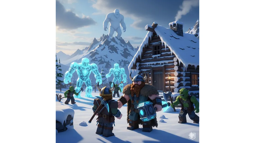 로블록스 더 포지 3번 섬 설원 배경에서 NPC 비에른과 대화하는 플레이어와 주변의 몬스터들