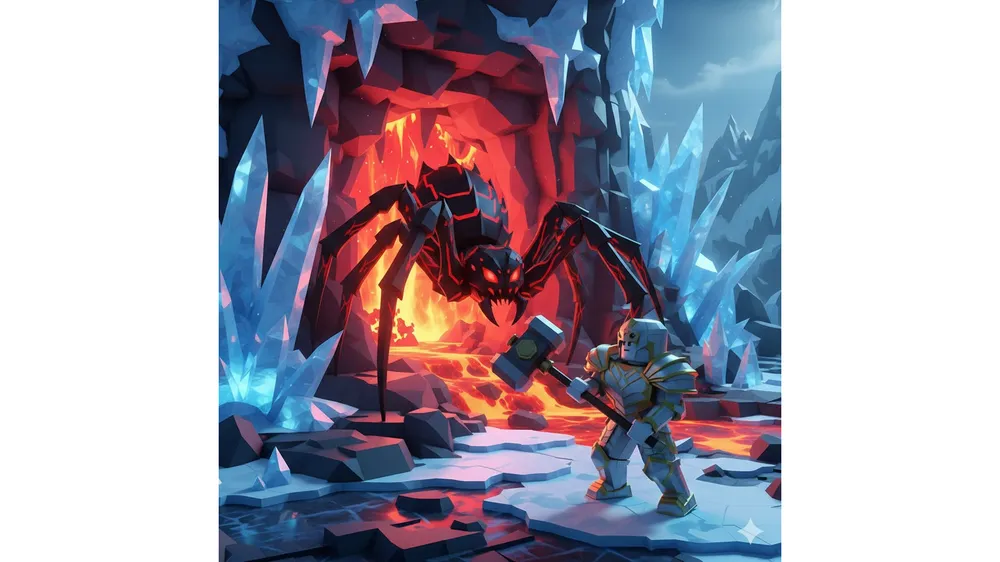 로블록스 더 포지 프로스트스파이어 익스팬스 붉은 동굴 앞에서 플레이어와 대치하는 거대한 데모닉 퀸 스파이더 보스 모습