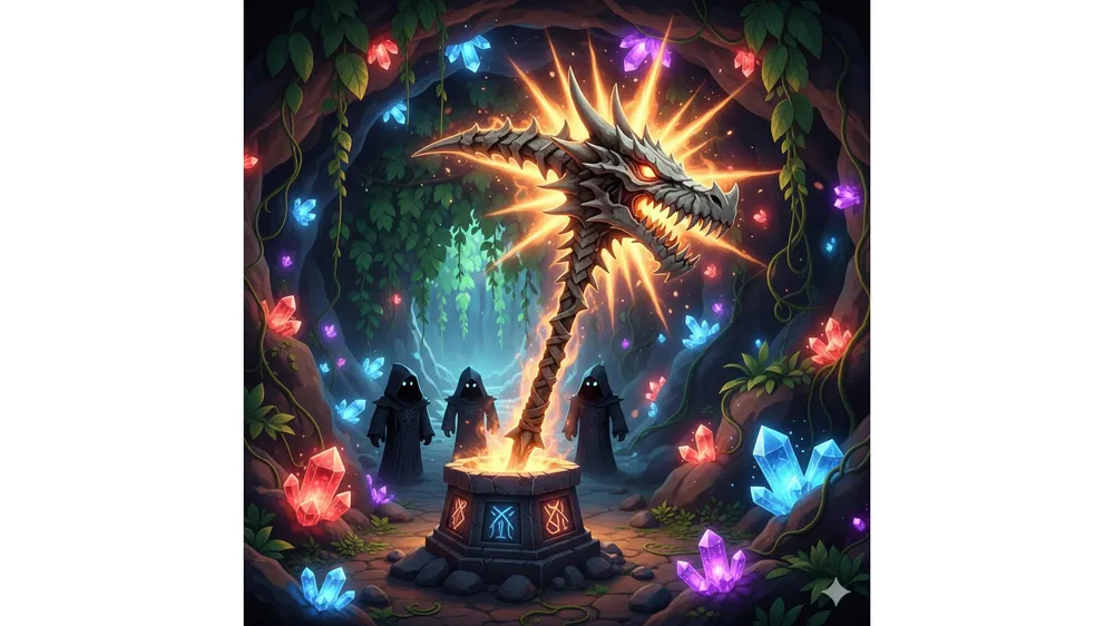 로블록스 더 포지 게임 내 비밀 동굴에 있는 드래곤 헤드 곡괭이의 모습