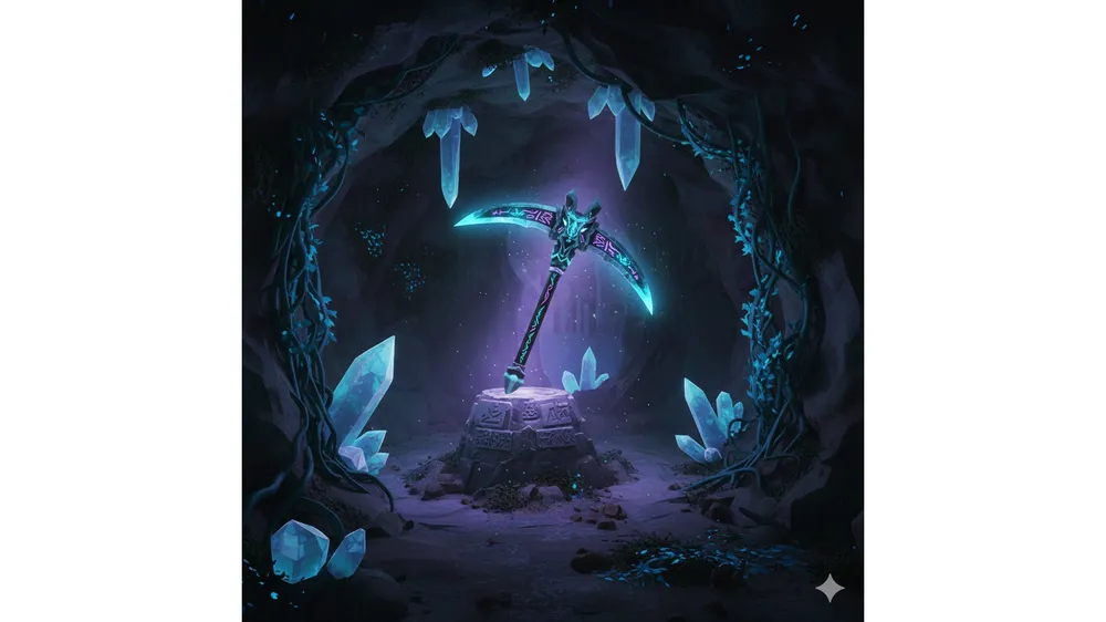 더 포지 드래곤 헤드 곡괭이가 비밀 동굴 안에 놓여 있는 모습