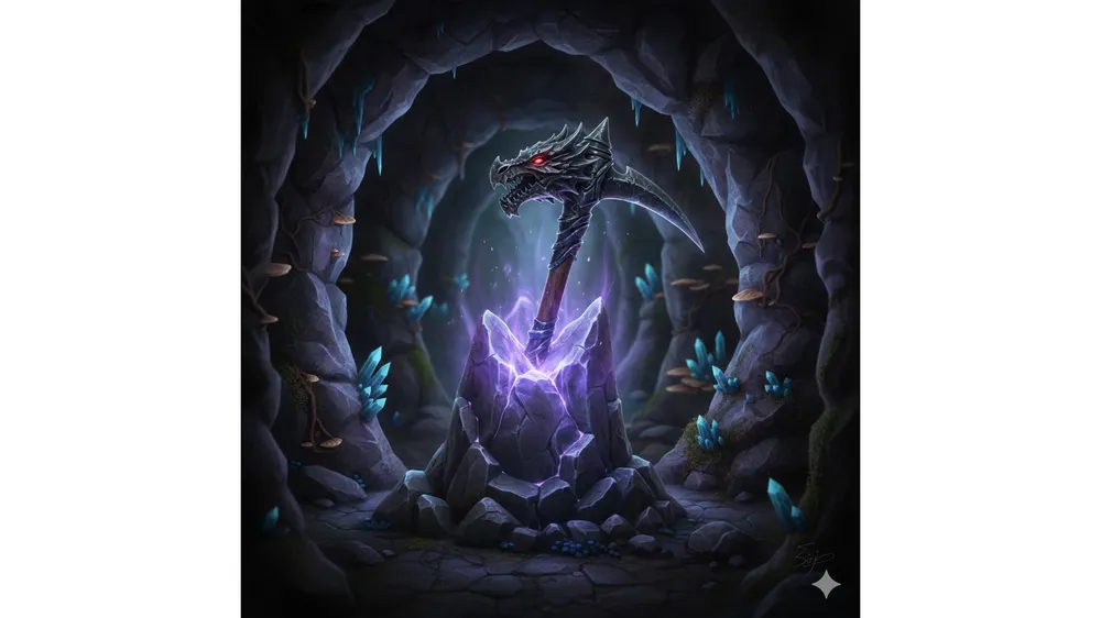 더 포지 드래곤 헤드 곡괭이가 어두운 까마귀 동굴 안에서 빛나고 있는 모습