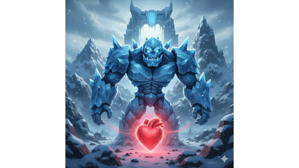 더 포지 아이스 골렘 보스와 붉게 빛나는 골렘 심장 일러스트