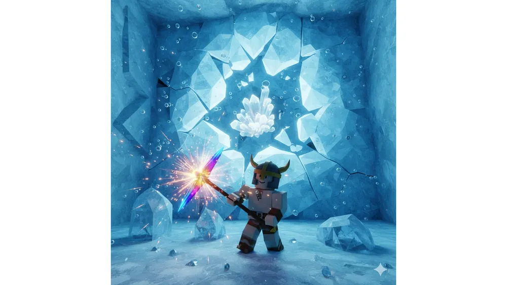 더 포지 프리스매틱 곡괭이를 들고 있는 캐릭터와 얼음 동굴 배경