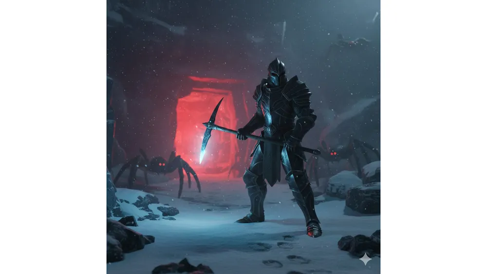 더 포지 레이븐 퀘스트와 레드 케이브 입구 앞에서 대치하는 캐릭터 모습