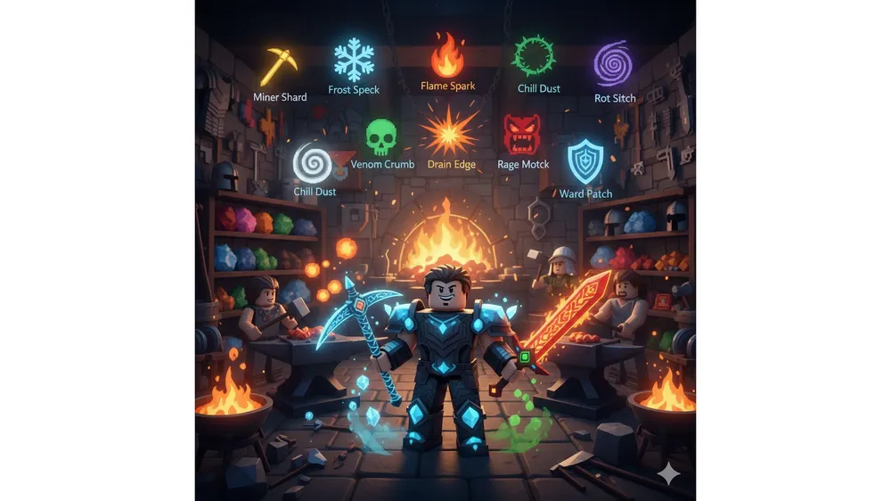 로블록스 더 포지 게임에서 다양한 룬이 빛나고 있는 대장간과 플레이어 캐릭터 썸네일