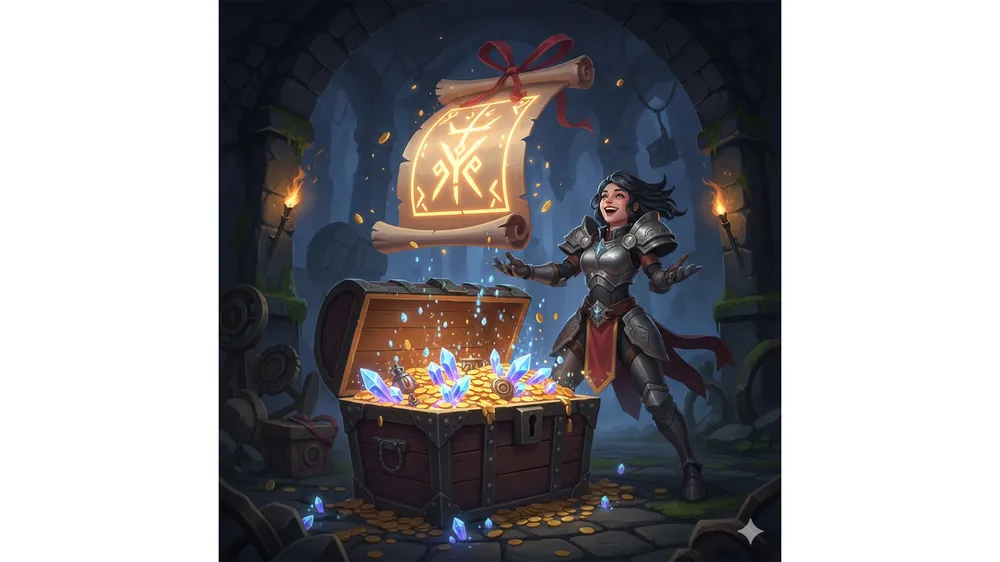 토치라이트 인피니트 캐릭터가 보물 상자를 열고 쿠폰 보상을 획득하는 모습