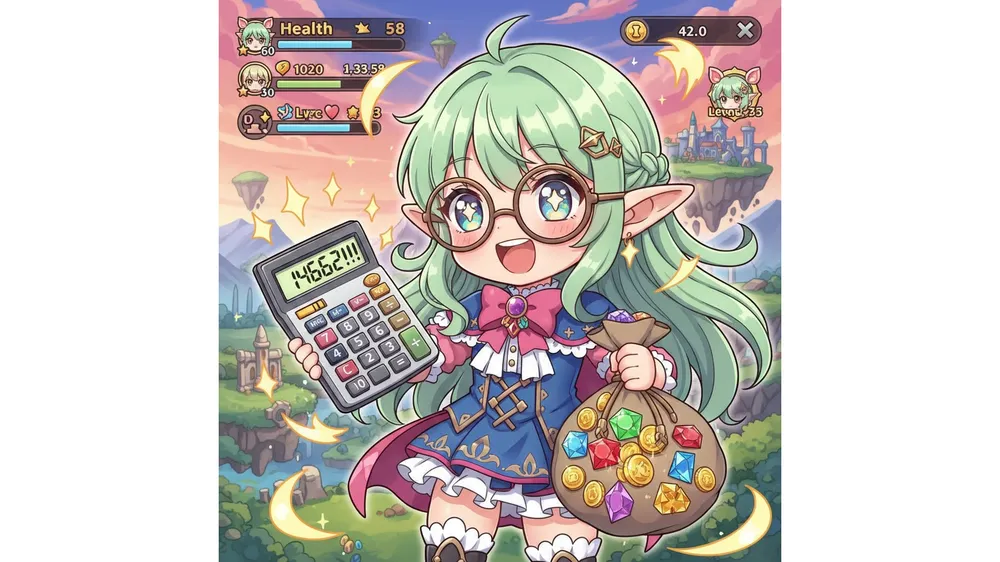 트릭컬 아사나 패키지 효율 분석과 계산기를 들고 있는 캐릭터 일러스트