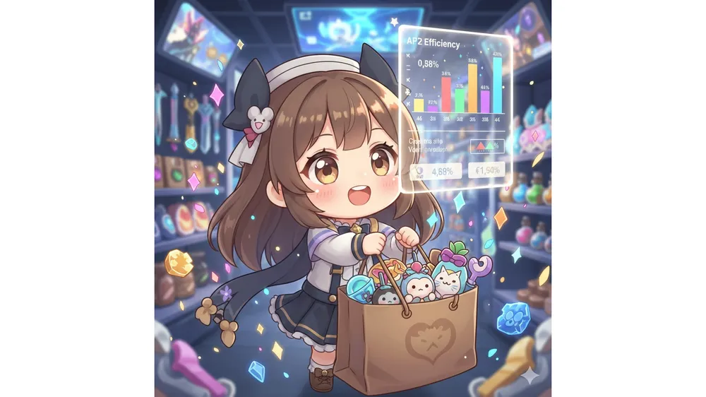 트릭컬 베니 패키지 효율 분석 표를 보고 있는 귀여운 베니 캐릭터 일러스트