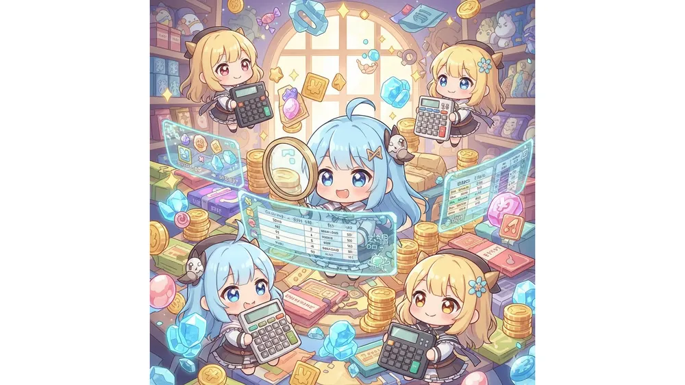 트릭컬 하이디 캐릭터가 계산기와 돋보기로 다양한 게임 패키지와 재화 아이템의 효율을 분석하는 귀여운 일러스트 썸네일