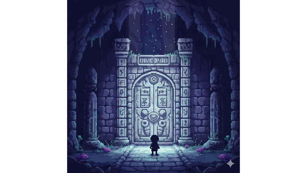 언더테일 한글패치 적용을 위해 지하 유적을 탐험하는 픽셀 아트 캐릭터