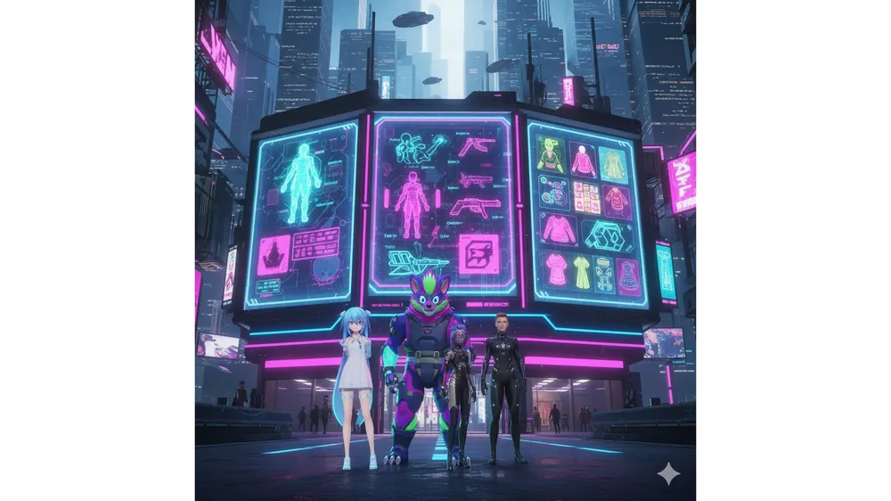 VRChat 에셋 구매처를 나타내는 다양한 아바타와 디지털 마켓 플레이스 썸네일