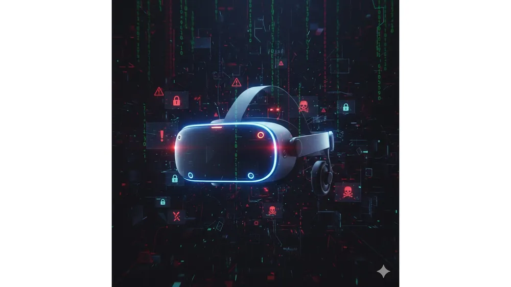 VRChat 퀘프로 사기 주의를 알리는 미래형 VR 헤드셋 이미지